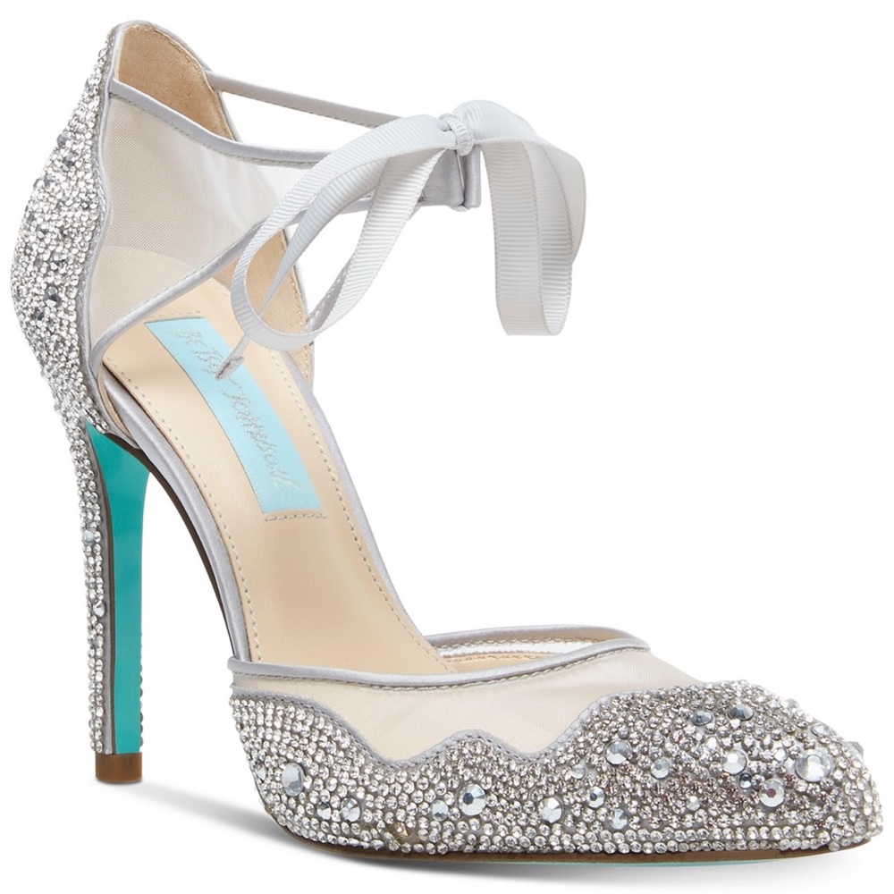 Betsey Johnson silver rhinestones size 7.5 worn 1 time box included